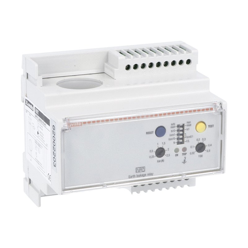 Earth leakage relay with 1 operatin threshold, modular, 35mm DIN (IEC/EN60715) rail mounting. Ø28mm incorporated CT. Configurable fail safe fail safe, 110VAC/DC-240VAC-415VAC
