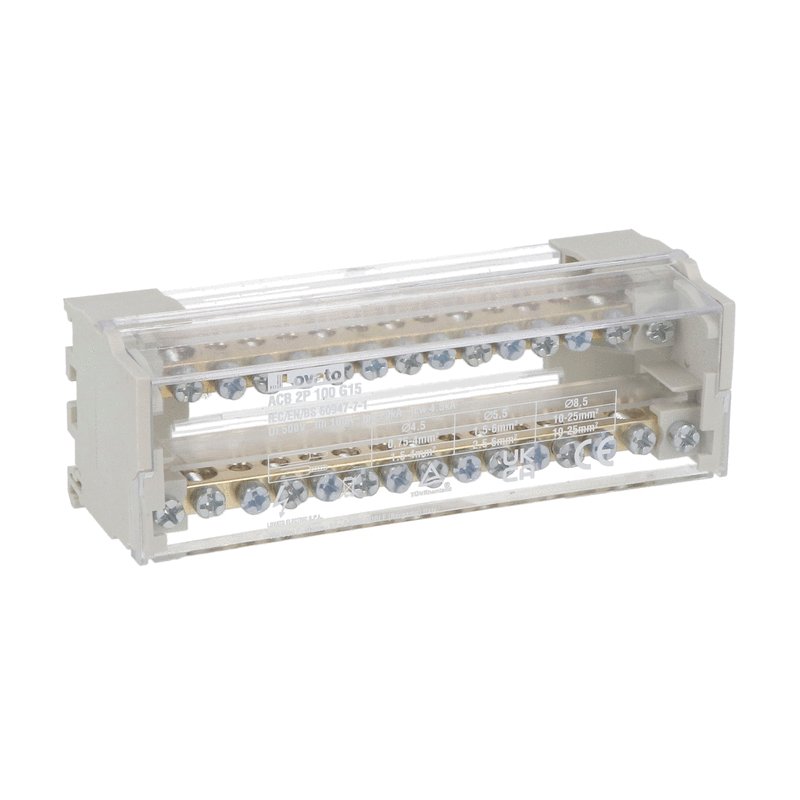 Power distribution block, two-pole, 100A, 15 terminals