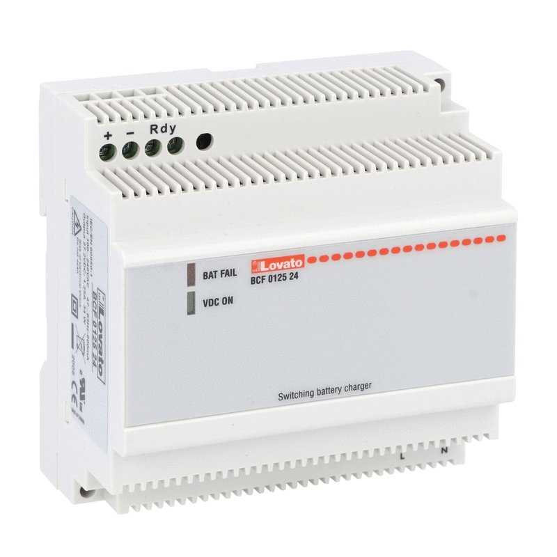 Automatic battery charger, switching BCF series, modular housing, for lead-acid batteries, 1 charging level. 24VDC output, 1.25A