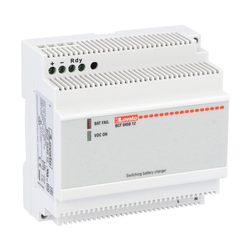 Automatic battery charger, switching BCF series, modular housing, for lead-acid batteries, 1 charging level. 12VDC output, 4.5A