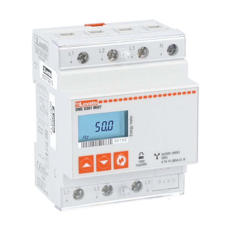 Energy meter, three-phase with neutral, non expandable, MID certified, 80A direct connection, 4U, RS485 interface, multi-measurements