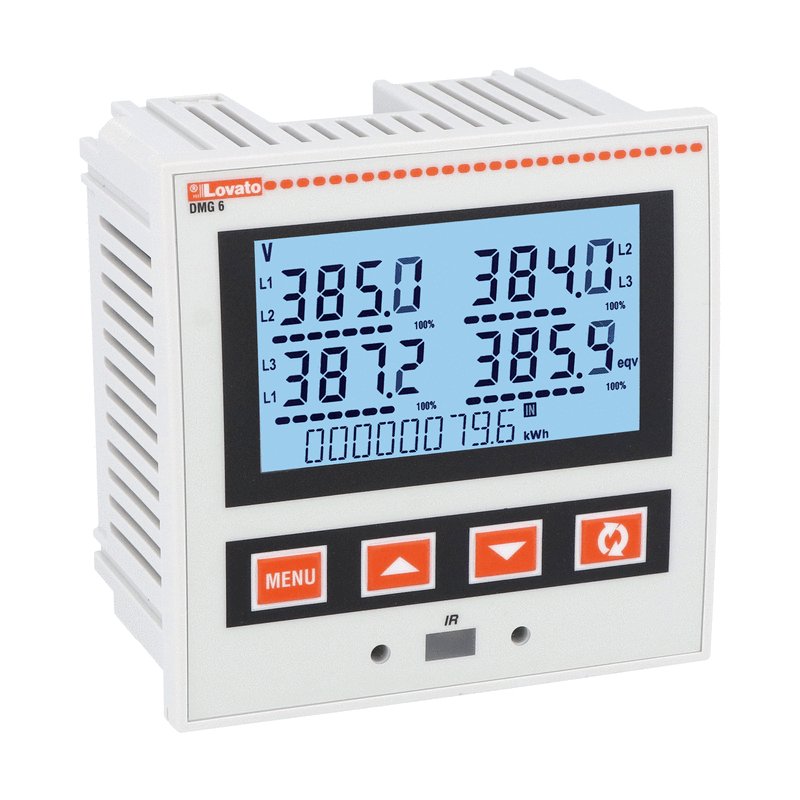 Flush-mount LCD multimeter, expandable. High accuracy measuring of active energy with Class 0.5s. Backlight icon LCD, 72x46mm/2.8X1.8”, harmonic analisys, auxiliary supply 100-440VAC/120-250VDC, front optical port and RS485 port