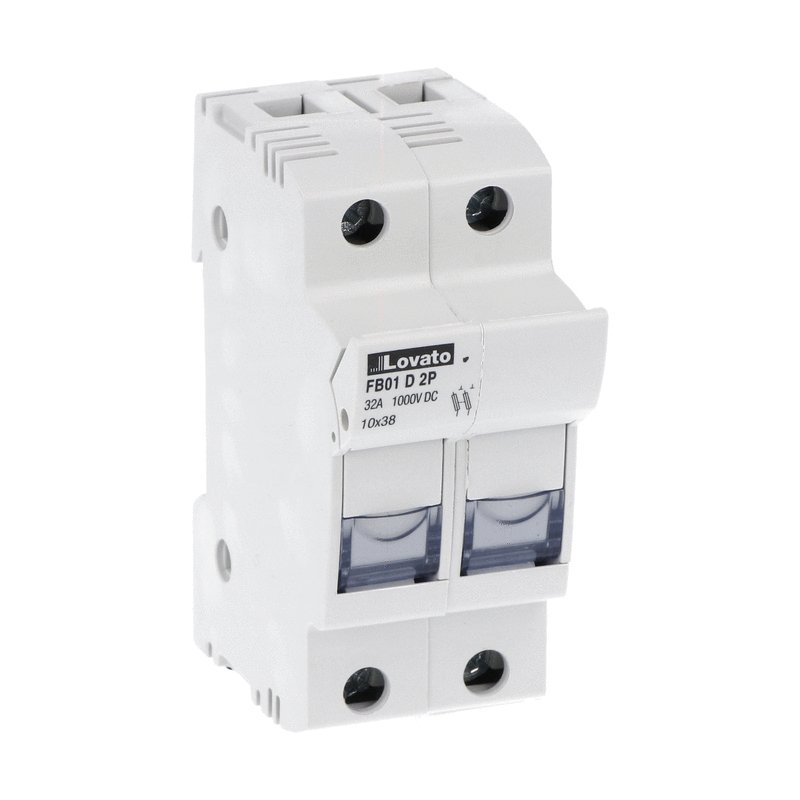 Fuse holder UL certified for photovoltaic applications, for 10X38mm fuses. 32A rated current at 1000VDC, 2P. Without status indicator. 2 modules