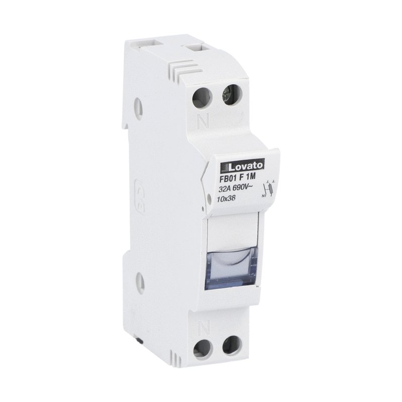 Fuse holder, for 10X38mm fuses. 32A rated current at 690VAC, 1P+N. Without status indicator. 1 module