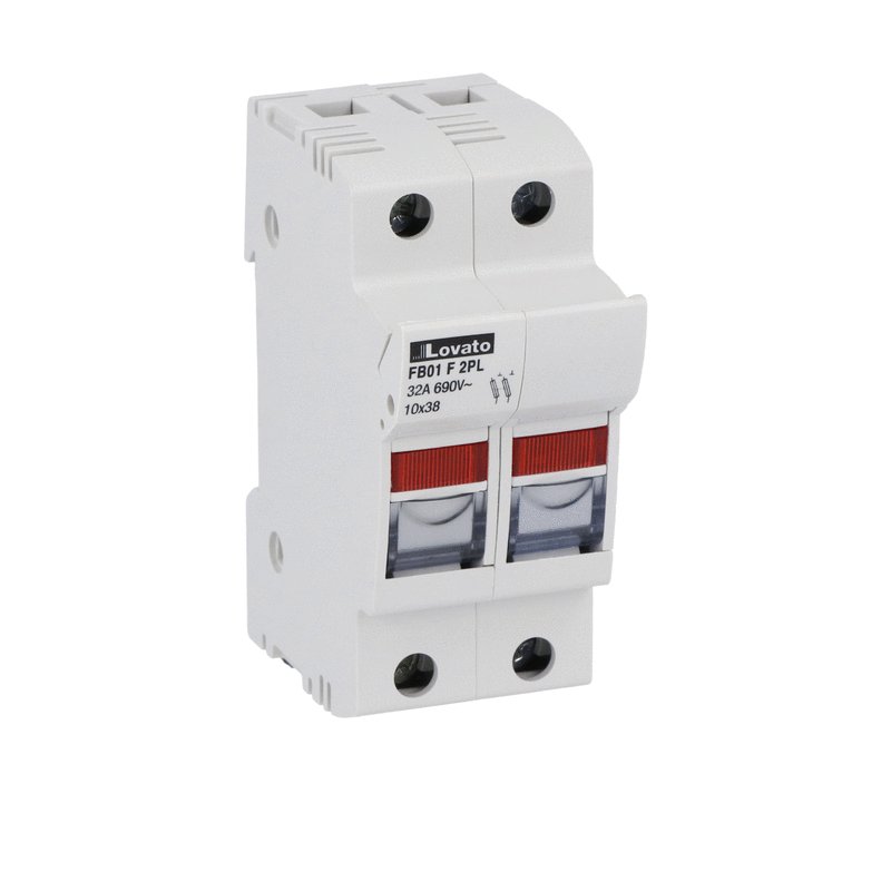 Fuse holder cUL recognized and CSA, for 10X38mm fuses. 32A rated current at 690VAC, 2P. With status indicator. 2 modules