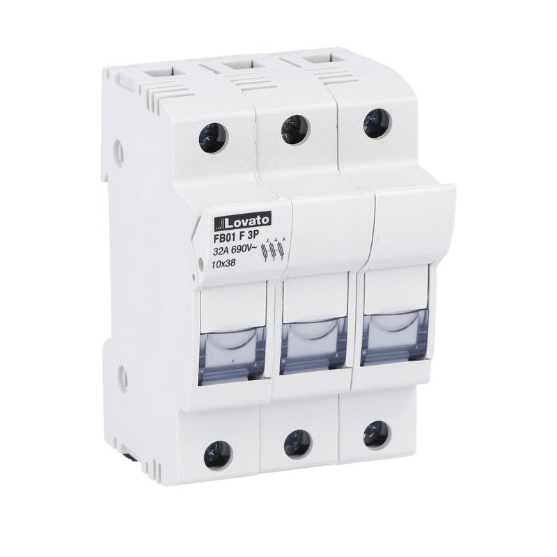 Fuse holder cUL recognized and CSA, for 10X38mm fuses. 32A rated current at 690VAC, 3P. Without status indicator. 3 modules