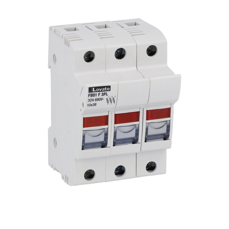 Fuse holder cUL recognized and CSA, for 10X38mm fuses. 32A rated current at 690VAC, 3P. With status indicator. 3 modules