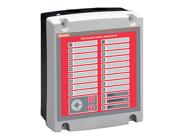 Remote alarm panel with LED, buzzer, pushbutton to silence the siren and test the LEDs. It supports up to 2 fire pump controllers