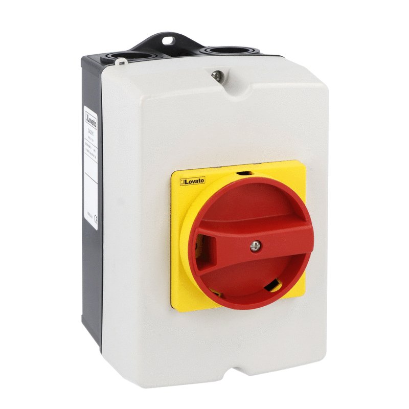 IEC/EN type IP65 plastic enclosure switch disconnector, three-pole. With rotating red/yellow handle, 16A. Enclosure dimensions: 100x168x97mm/3.9x6.6x3.8'', PE+N