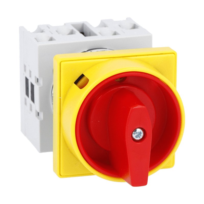 Rotary cam switch GX series, ON-OFF switch 4 poles 16A, for front mounting with red/yellow handle padlockable in 0 and protection covers, front plate 48X48mm