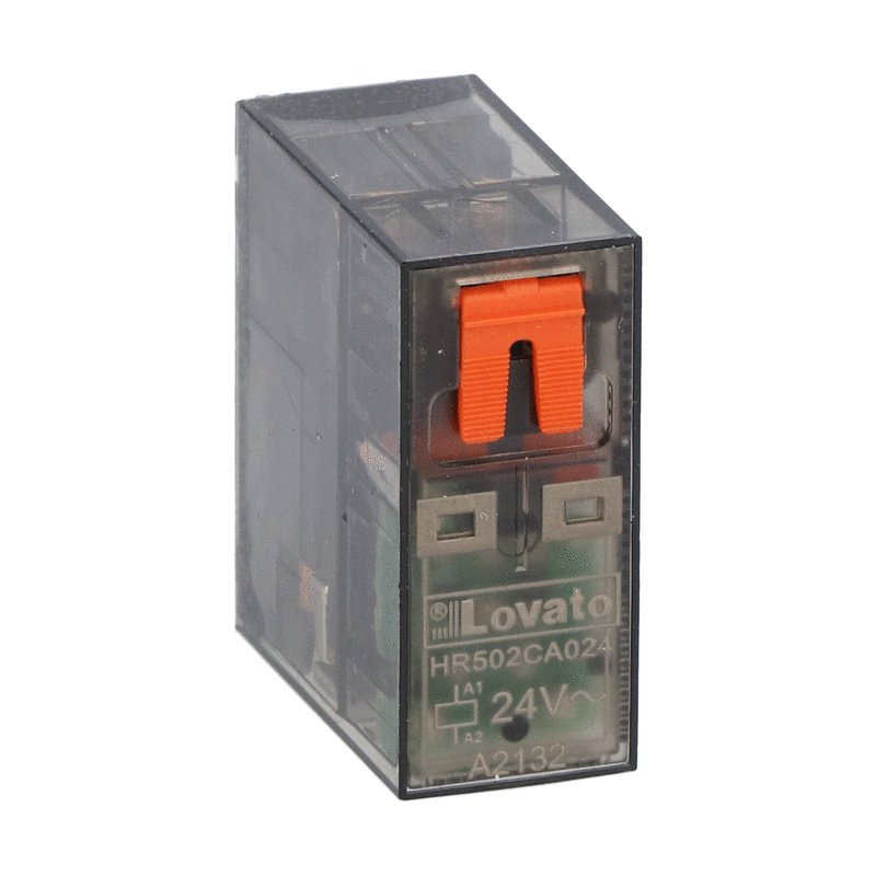 Miniature relay with LED state indicator and mechanical actuator, 24VAC, 8A, 2C/O contact. Fitting on socket HR5XS2...