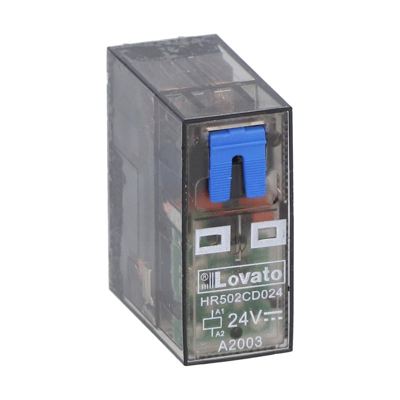 Miniature relay with LED state indicator and mechanical actuator, 24VDC, 8A, 2C/O contact. Fitting on socket HR5XS2...