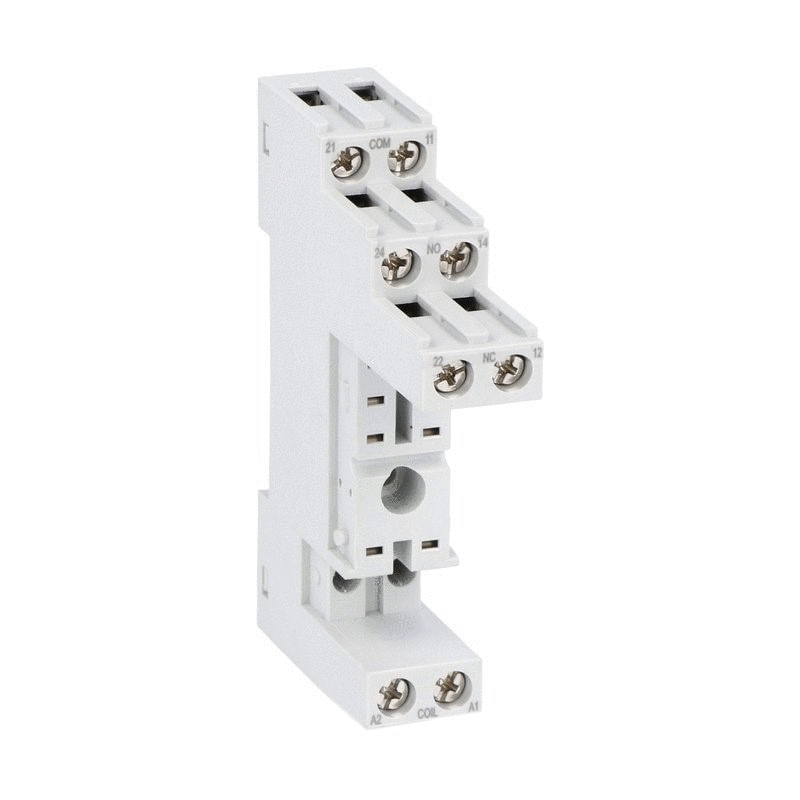 Socket for HR30, HR40 and HR50 general purpose relays, screw terminals, fitting on DIN rail or with screws.