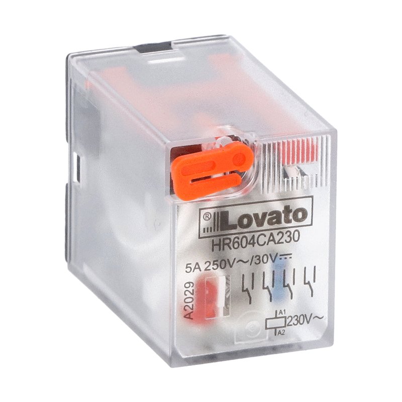 Industrial relay with LED state indicator and mechanical actuator, 230VAC, 5A, 4 C/O contact. Fitting on socket HR6XS4...