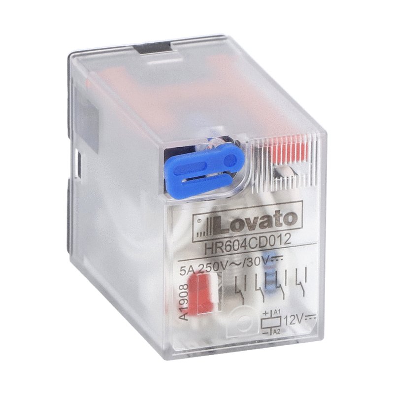 Industrial relay with LED state indicator and mechanical actuator, 24VDC, 5A, 4 C/O contact. Fitting on socket HR6XS4...