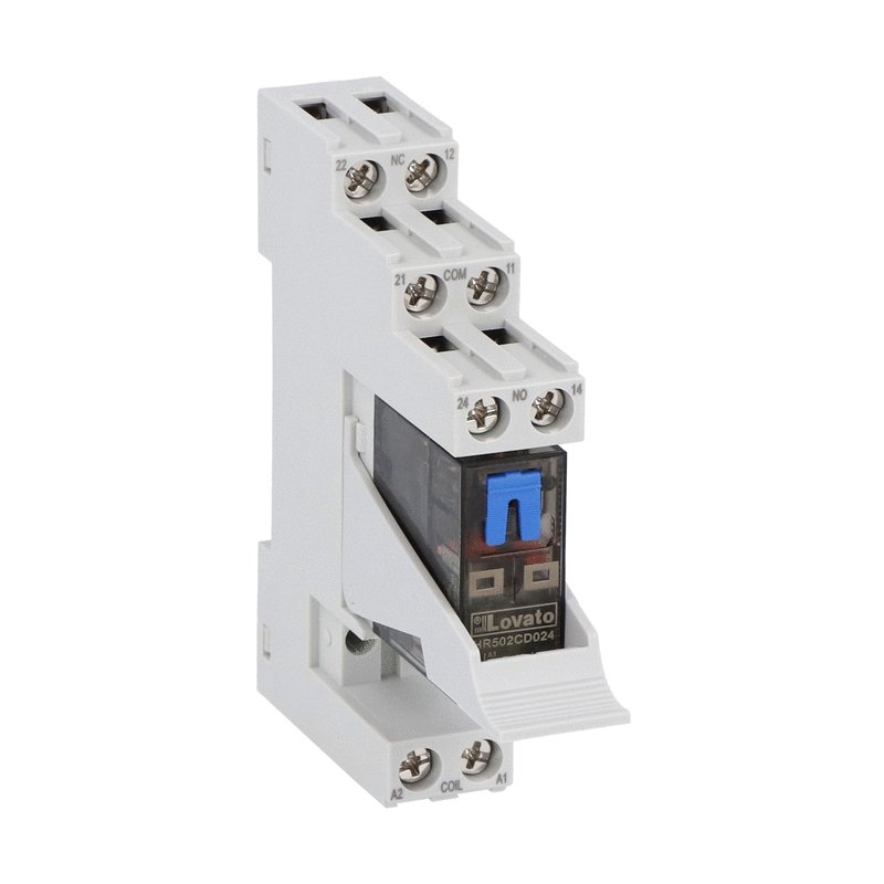 Assembled miniature relay with LED state indicator and mechanical actuator, 24VDC, 8A, 2C/O contact. Screw terminals with retain/release clip