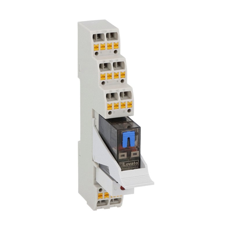 Assembled miniature relay with LED state indicator and mechanical actuator, 24VDC, 8A, 2C/O contact. Push-in terminals with retain/release clip and suppressor filter
