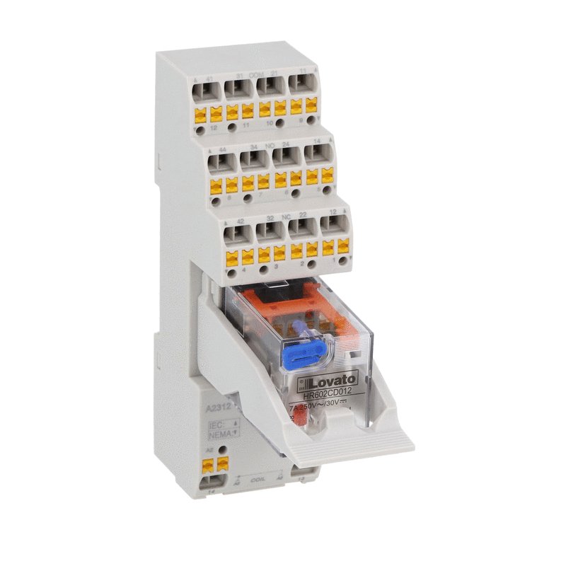 Assembled industrial relay with LED state indicator and mechanical actuator, 24VAC, 5A, 4 C/O contacts. Push-in terminals with retain/release clip.