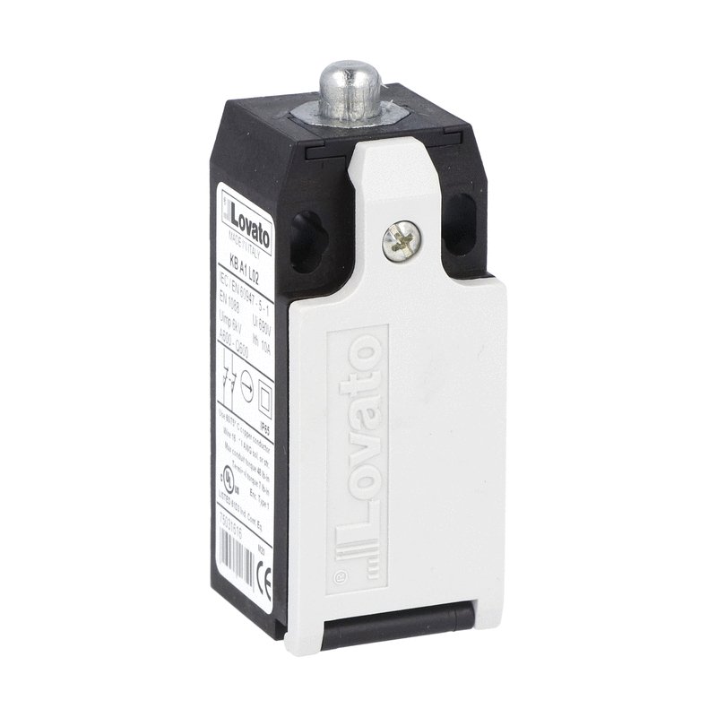 Limit switch, K series, top push rod plunger, 1 bottom cable entry. Dimensions to EN 50047, plastic body, contacts 1NO+1NC snap action. Metal plunger