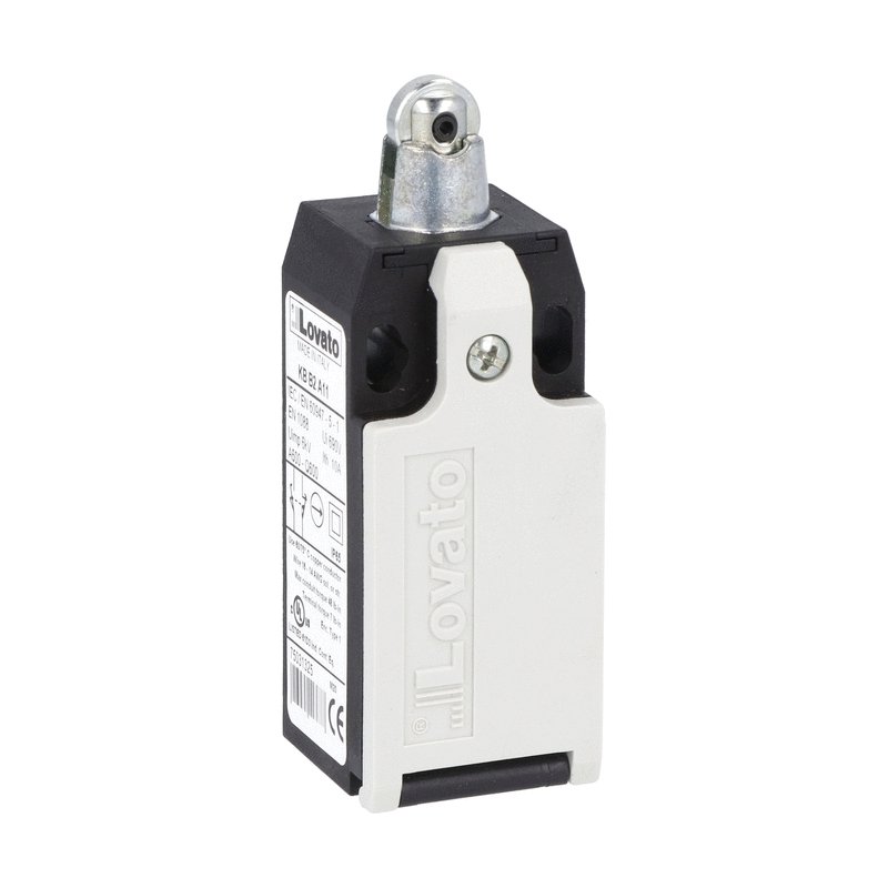 Limit switch, K series, top roller push plunger, 1 bottom cable entry. Dimensions to EN 50047, plastic body, contacts 1NO+1NC snap action. Metal roller