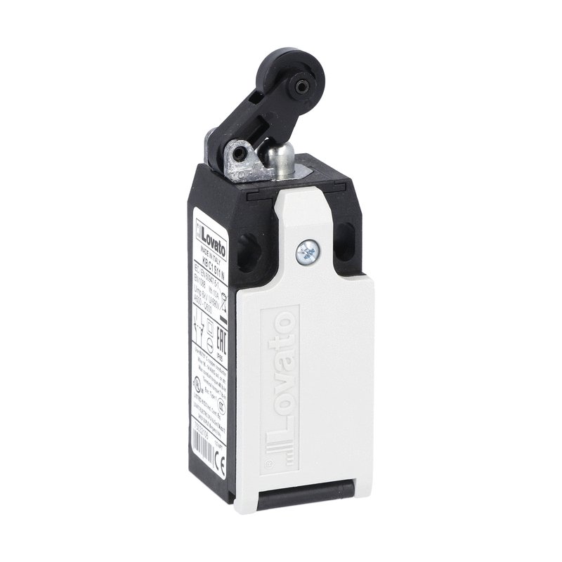 Limit switch, K series, roller centre push lever, 1 bottom cable entry. Dimensions to EN 50047, plastic body, contacts 1NO+1NC snap action. Plastic roller