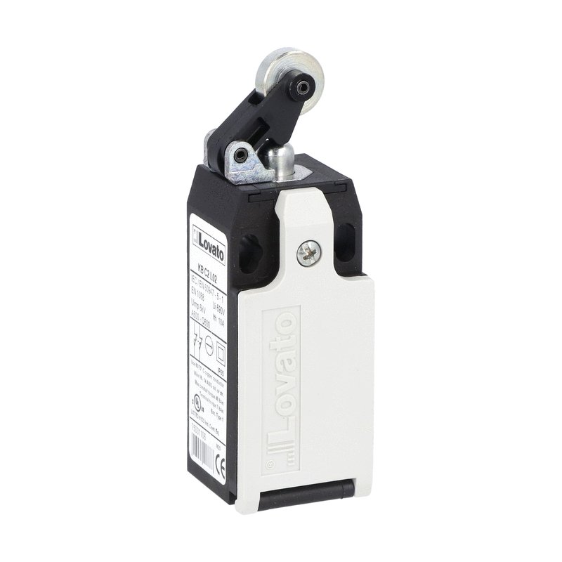 Limit switch, K series, roller centre push lever, 1 bottom cable entry. Dimensions to EN 50047, plastic body, contacts 1NO+1NC snap action. Metal roller