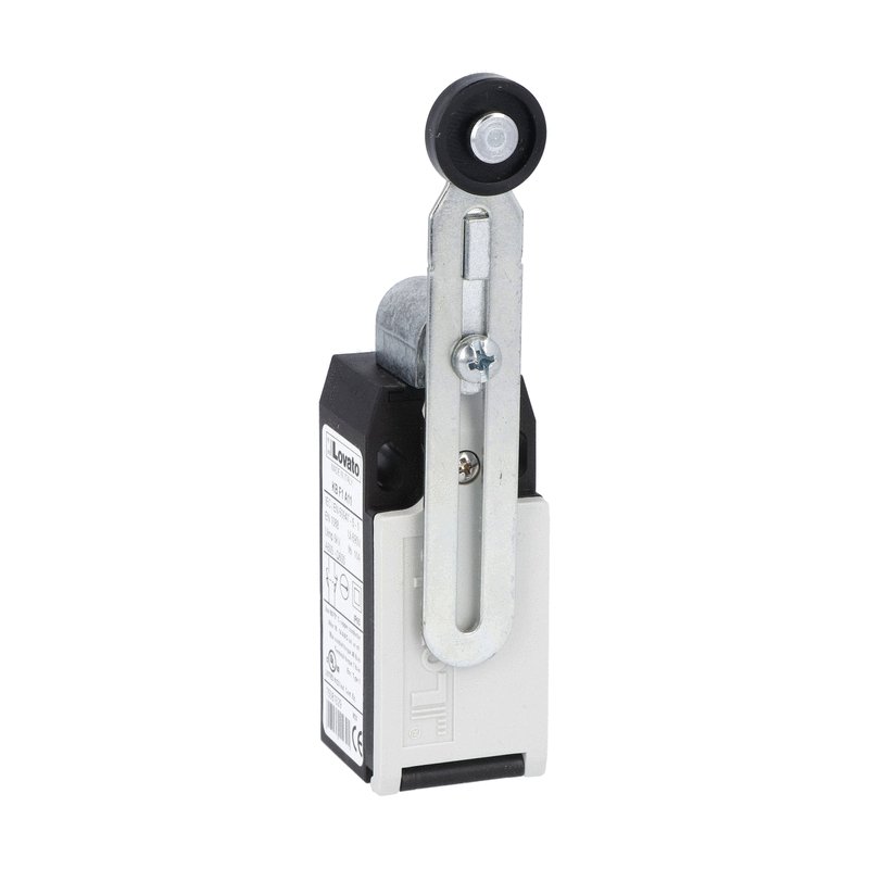Limit switch, K series, adjustable roller lever, 1 bottom cable entry. Dimensions to EN 50047, plastic body, contacts 1NO+1NC snap action. Plastic roller