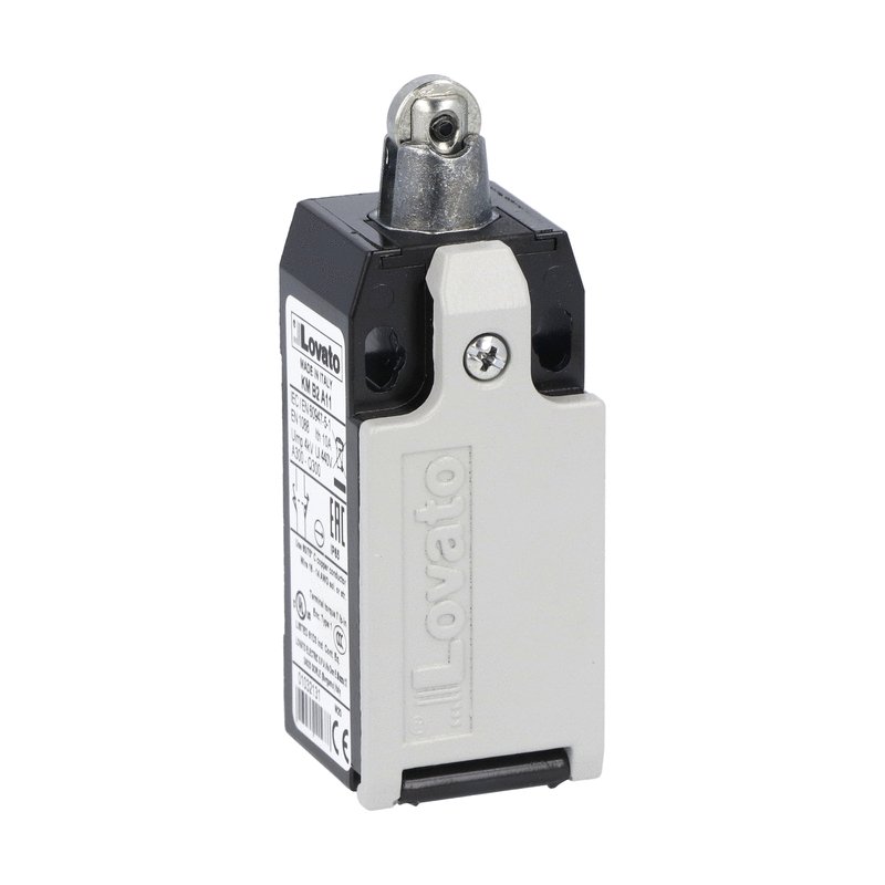 Limit switch, K series, top roller push plunger, 1 bottom cable entry. Dimensions to EN 50047, metal body, contacts 1NO+1NC snap action. Metal roller
