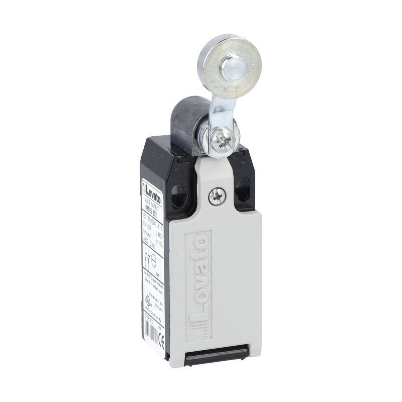 Limit switch, K series, roller lever plunger, 1 bottom cable entry. Dimensions to EN 50047, metal body, contacts 1NO+1NC snap action. Metal roller
