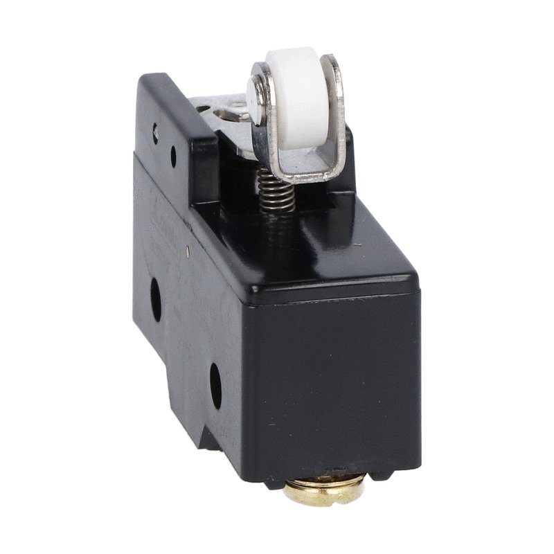 Plastic micro switch, K series, roller centre push lever. 26.6mm/1.05in long lever. Contacts 1NO/NC. Screw terminalsS