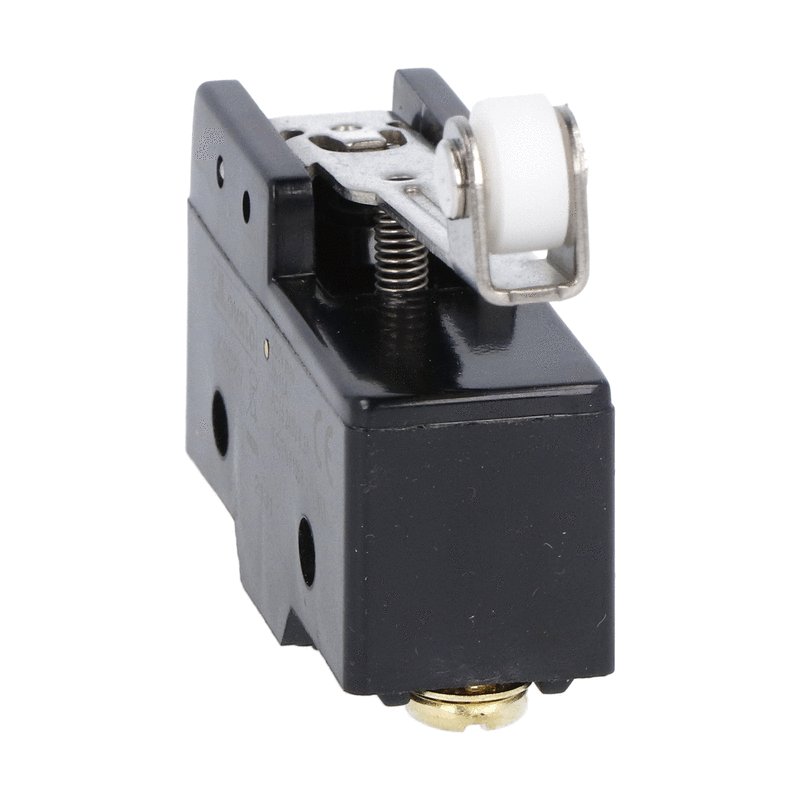 Plastic micro switch, K series, roller centre push lever. 48.5mm/1.91in long lever. Contacts 1NO/NC. Screw terminalsS