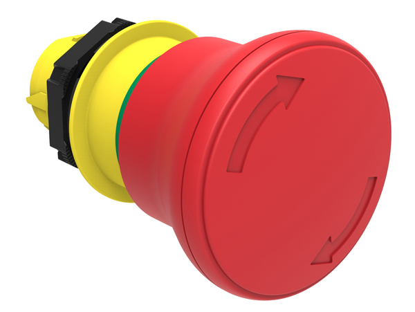 Mushroom head pushbutton actuator Ø22mm Platinum series chromed plastic, latch, turn to release, Ø40mm. For emergency stopping. ISO 13850. Red