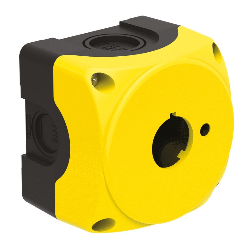 Control station, empty with no actuators, for 1 emergency mushroom pushbutton with illuminated disk. Yellow cover.