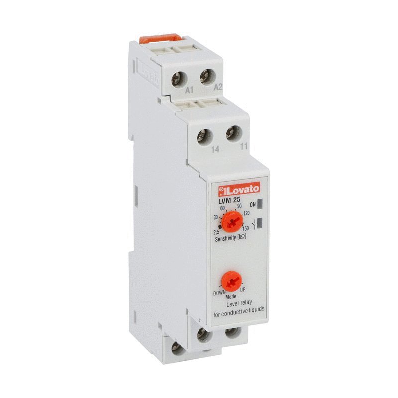 Level monitoring relay, modular version, multi-voltage. Emptying or filling function, sensitivity up to 150kOhm. Automatic resetting, 24...240VAC/DC