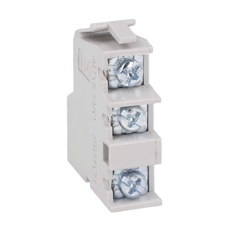 Add-on auxiliary contact for P5ME, one changeover contact. Screw terminals