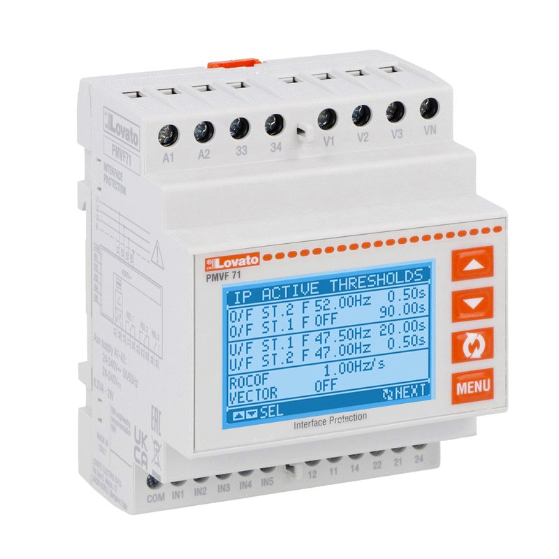 Interface protection system unit compliant with ENA (Energy Network Association) Engineering recommendation G99 for single-phase and three-phase system with and without low voltage neutral, dual threshold minimum and maximum voltage and frequency protection, R.O.C.O.F. and Vector shift. Modular type (4U).
