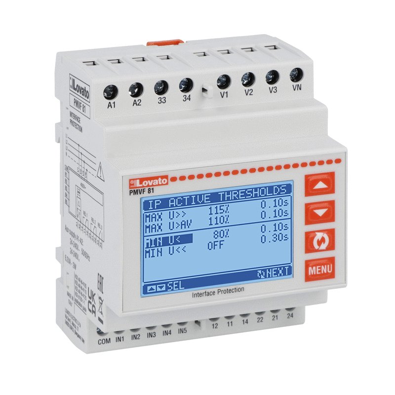 Interface protection system units compliant with VDE-AR-N 4105, VDE-AR-N 4110, VDE-AR-N 4120 and VDE V 0126-1-1 for single-phase and three-phase system with and without low voltage neutral, dual threshold minimum and maximum voltage and frequency protection, R.O.C.O.F. and Vector shift. Modular type (4U)