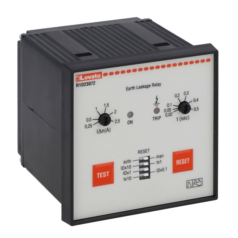Earth leakage relay type A, with 1 operating threshold, flush-mount 72X72mm, external CT, auxiliary supply voltage 110-230VAC.