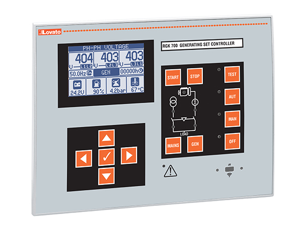 Stand alone gen-set controller, 12/24VDC, RS485 serial port and USB/optical and Wi-Fi point programming port on front, Canbus port, IP65. Expandable with EXP... modules