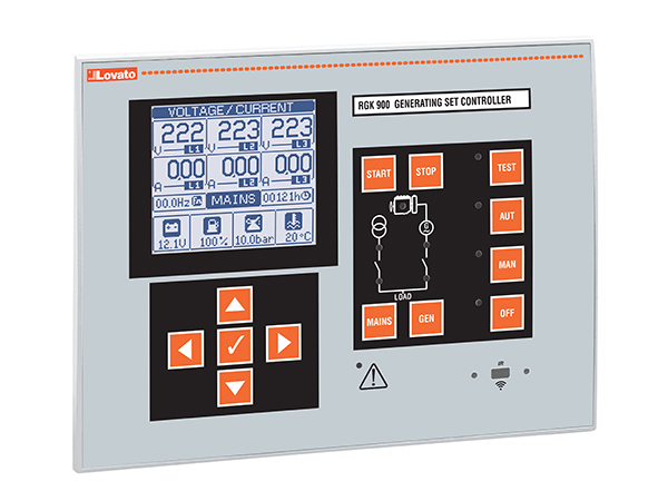 Paealleling control among genereteing sets. 12/24VDC, graphic LCD, RS485 port and USB/optical and Wi-Fi point programming port on front. Expandable with EXP... modules