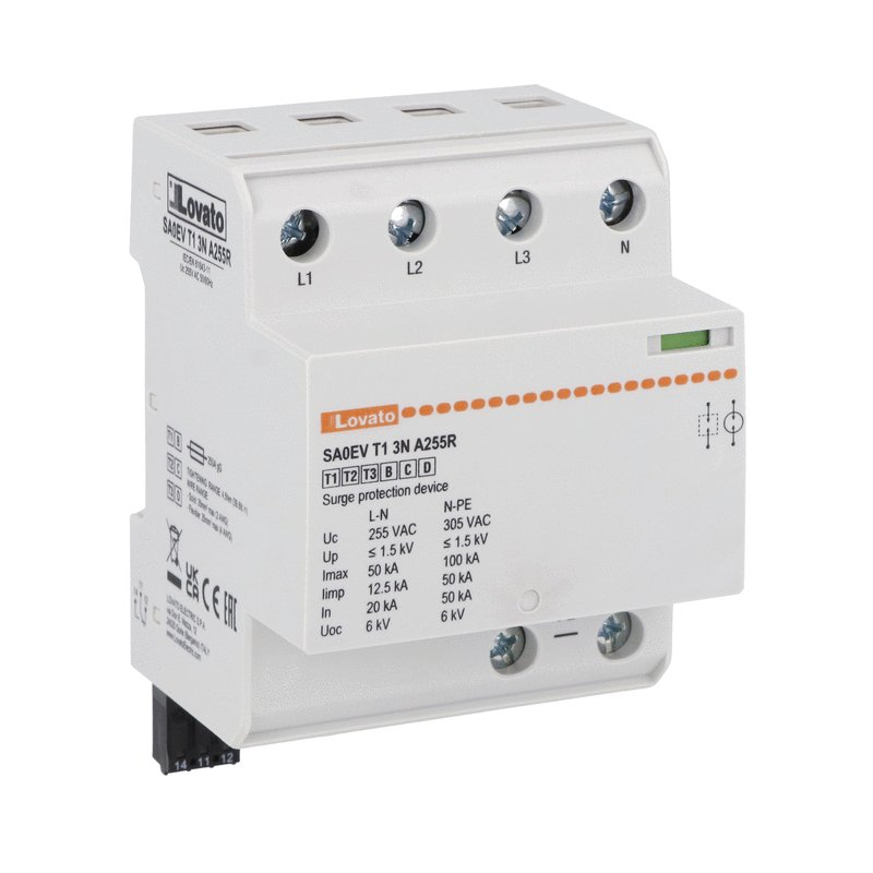 Surge protection device type 1,2,3 monoblock, IEC impulse current Iimp (10/350μs) 12.5kA per pole, 3P+N for EV charging stations, 400VAC. With remote contact