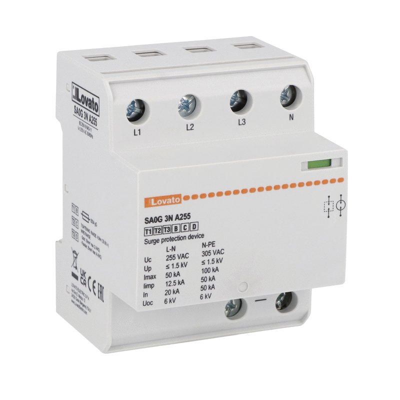 Surge protection device type 1,2,3 monoblock, IEC impulse current Iimp (10/350μs) 12.5kA per pole, 3P+N. Without remote contact
