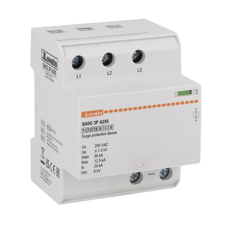 Surge protection device type 1,2,3 monoblock, IEC impulse current Iimp (10/350μs) 12.5kA per pole, 3P. Without remote contact
