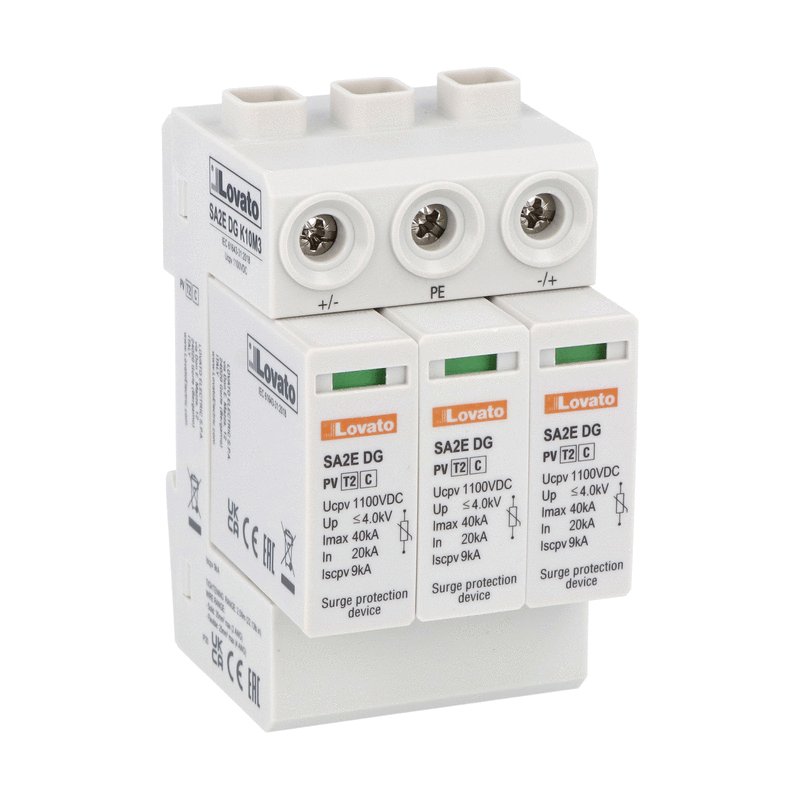 Surge protection device type 2 for photovoltaic applications with plug-in cartridge, EN short-circuit current rating Iscpv 9kA, +, -, PE. Without remote contact
