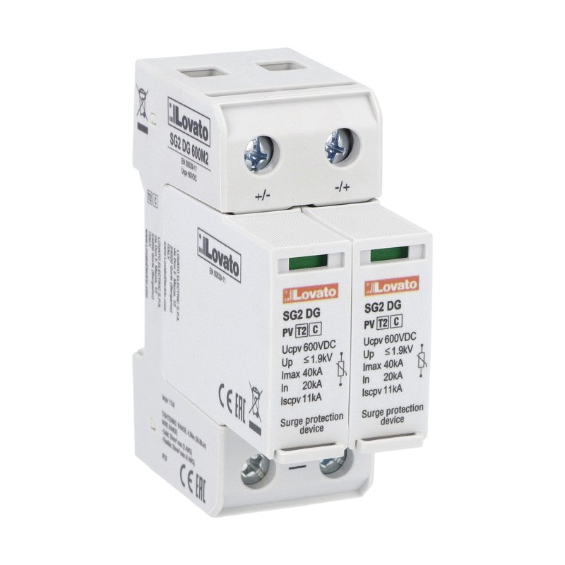 Surge protection device type 2 for photovoltaic applications with plug-in cartridge, Ucpv 600VDC, +, -, PE. Without remote contact