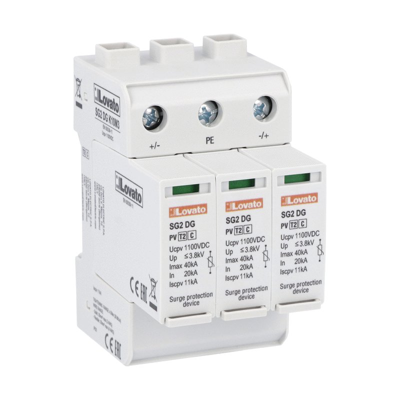 Surge protection device type 2 for photovoltaic applications with plug-in cartridge, Ucpv 1100VDC, +, -, PE. Without remote contact