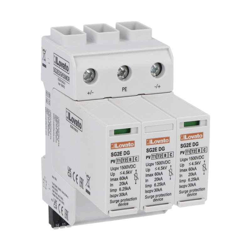 Surge protection device type 1,2 for photovoltaic applications with plug-in cartridge, Un 1500VDC, short-circuit current Iscpv 30kA, +, -, PE. With remote contact