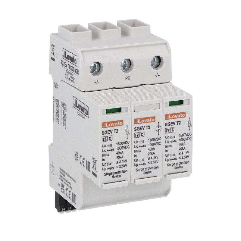 Surge protection device type 2, monoblock for EV charging stations in DC, 1000VDC, IEC impulse current Iimp (8/20μs) 20kA per pole. With remote contact
