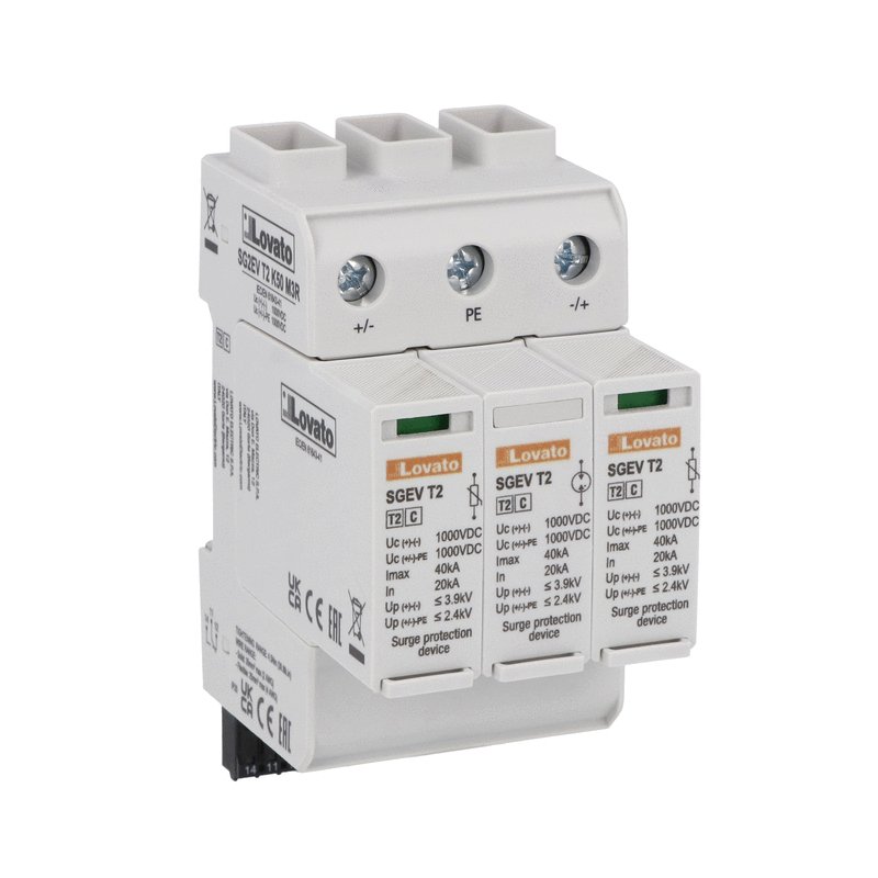 Surge protection device type 2, monoblock for EV charging stations in DC, 1500VDC, IEC impulse current Iimp (8/20μs) 20kA per pole. With remote contact