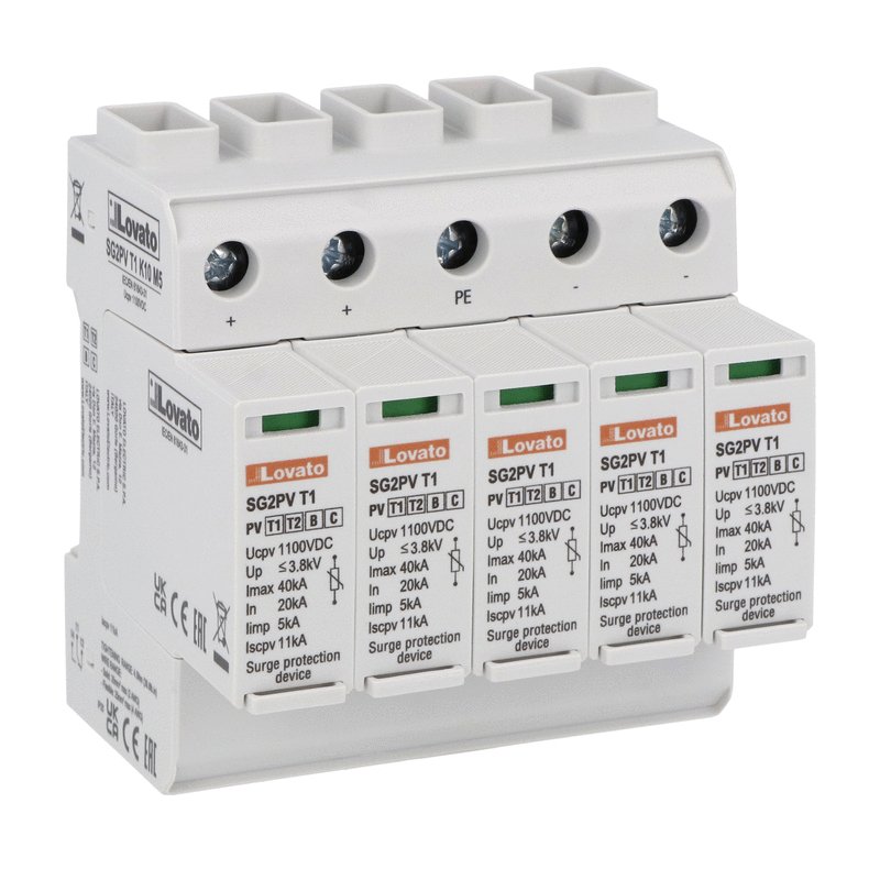 Surge protection device type 1,2 with plug-in cartridge for two strings PV applications, 1100VDC, IEC impulse current Iimp (10/350μs) 5kA per pole. Without remote contact